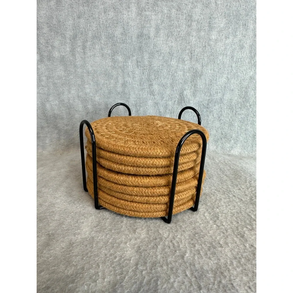 Round Woven Braided‎ Coasters Set of 8 with Black Metal Holder Decor